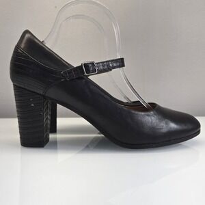 Clarks Mary Jane Heels Women 10‎ Black Leather Croc Embossed Block Heel Comfort